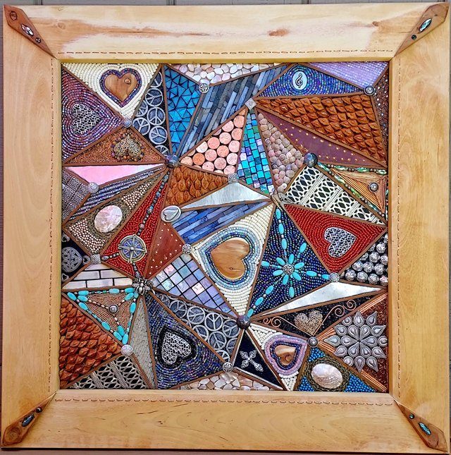 Adrianne, Lisa, Julia, Melissa and Adrianna from Glendora and Orange County enjoyed last year’s Brewfest at Tavern Bay Beach Club so much they couldn’t resist attending this year’s event. (Photos by Douglas W. Motley) Colorful mosaic art with geometric and heart patterns.