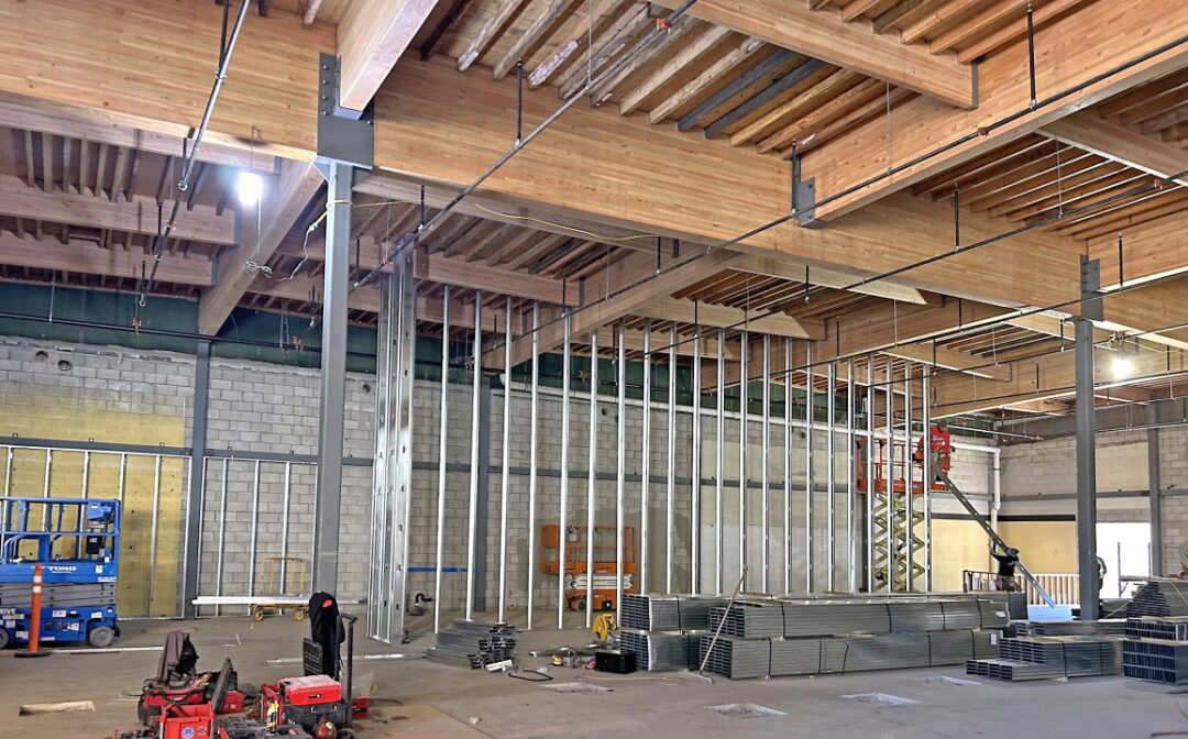 Work has begun on building some of the interior walls for the rebuilt Goodwin’s Market.