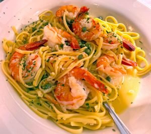 Shrimp scampi linguine with black tiger shrimp and caper white-wine sauce is one of Iris’s signature dishes. (Photo courtesy of Victoria’s Family Restaurant)