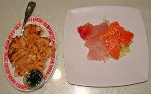 Chinese dumplings and sashimi present an unusual and enticing taste-and-texture combination.