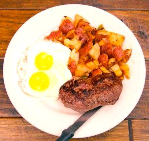 The eight-ounce top sirloin with sunny-side-up eggs is an Old Country breakfast star. (Food photos courtesy of Old Country Coffee Shop)