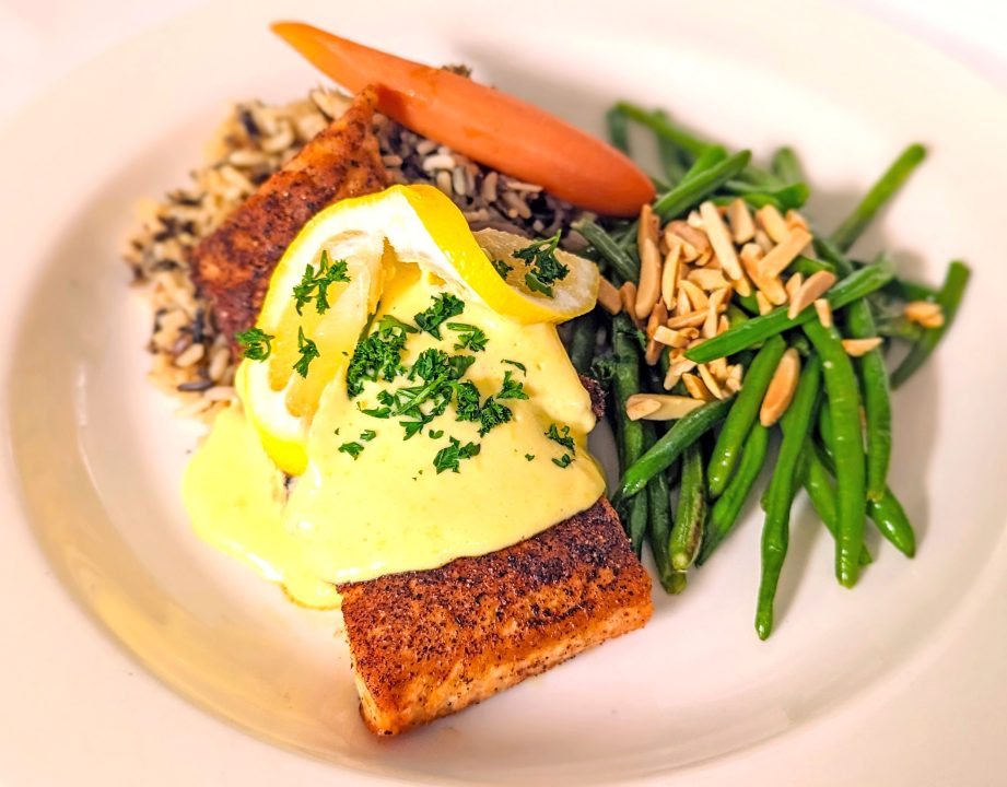 As with other selections on the Grill’s menu, the filet of fresh salmon displays the head chefs’ talent for artistic presentation. (Photo courtesy of Diane’s Saddleback Grill)