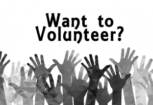 Hands raised for volunteering opportunities.