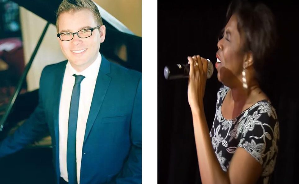 Man in suit by piano, woman singing into microphone.