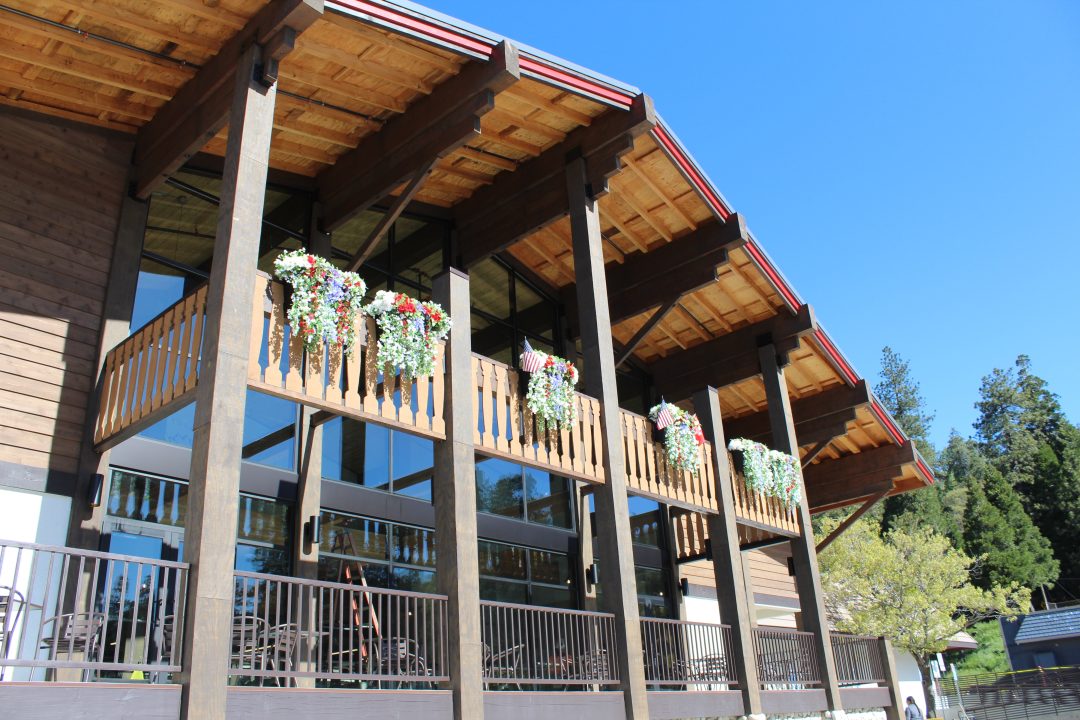 Wooden balcony with hanging flowers under blue sky.