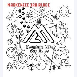 Outdoor-themed doodle art with mountain, animals, and sports gear.