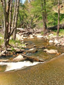 The area’s main creek crosses the roadway (foreground), necessitating a careful but not foot-soaking ford.