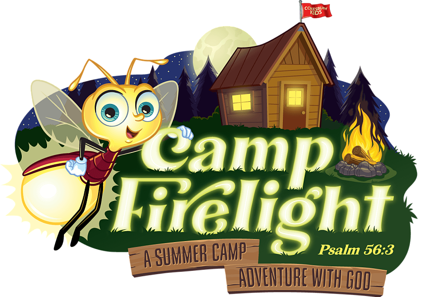 Firefly, cabin, and campfire under moonlit sky.