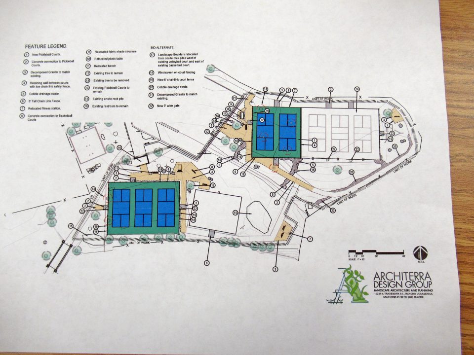 The proposed plan for the addition of five pickleball courts at Mackay Park. (Photos by Mary-Justine Lanyon)
