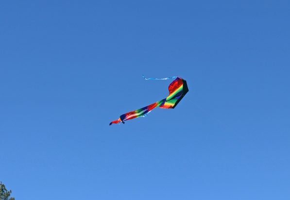 Colorful kite flying over trees against blue sky.