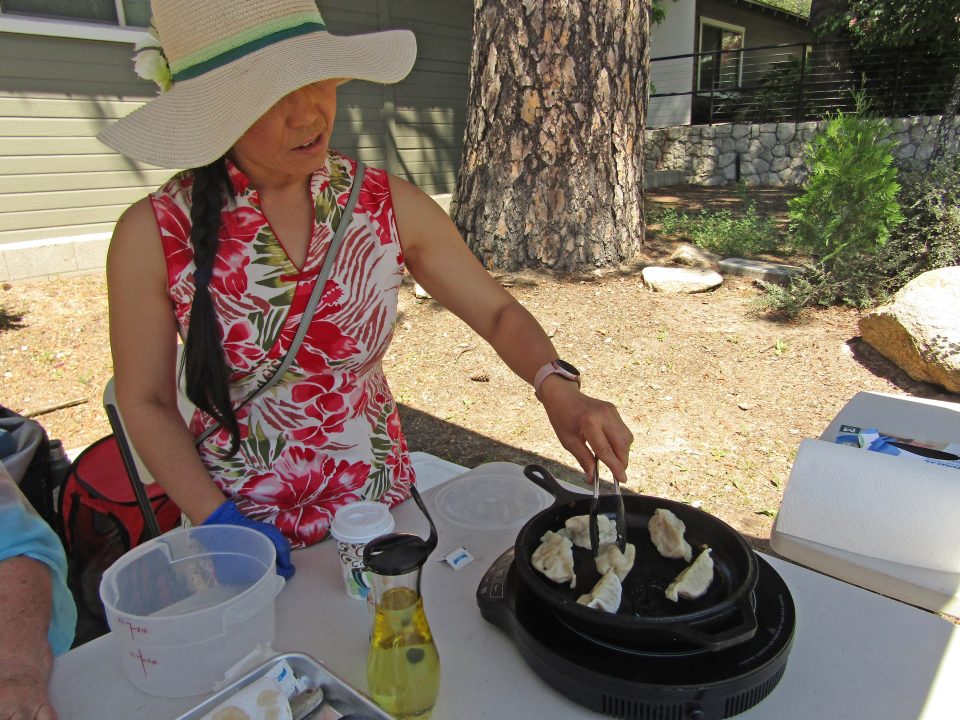Person cooking dumplings outdoors on portable stove