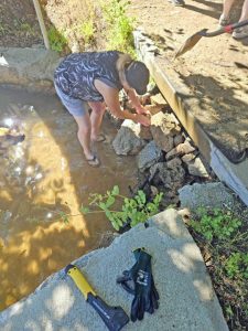 Standing in the lake, Valerie Doyle rebuilt the rock wall that had collapsed, leaving a dangerous hole in the trail.