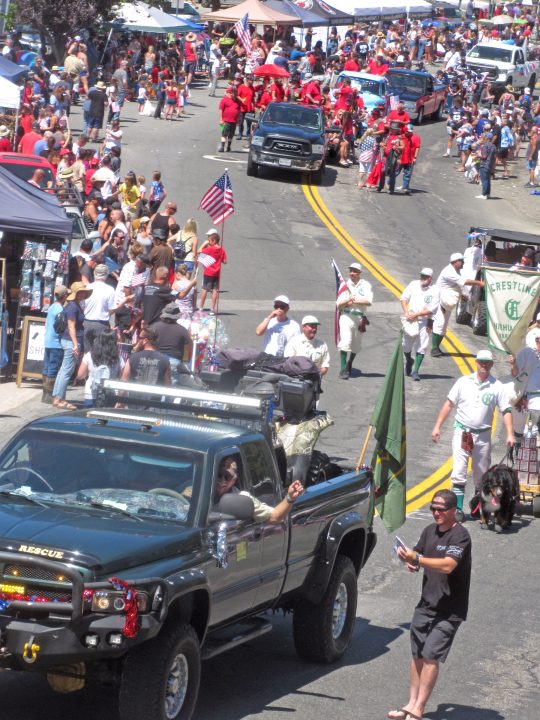 The League Championship award-winning Crestline Highlanders Vintage Base Ball team marches up lake Drive.