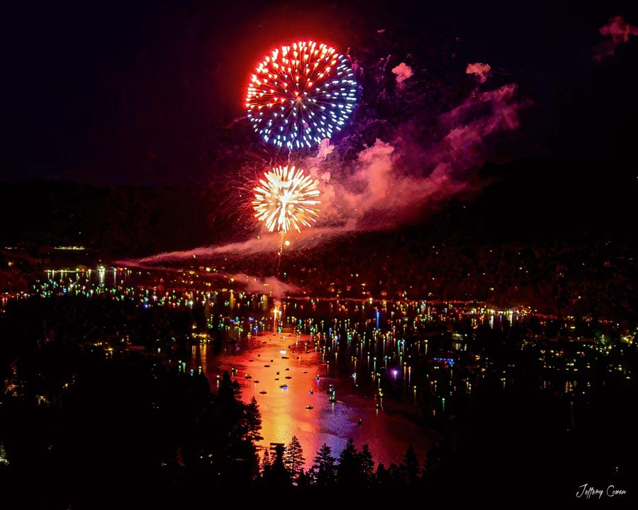 Colorful fireworks over lake at night celebration.