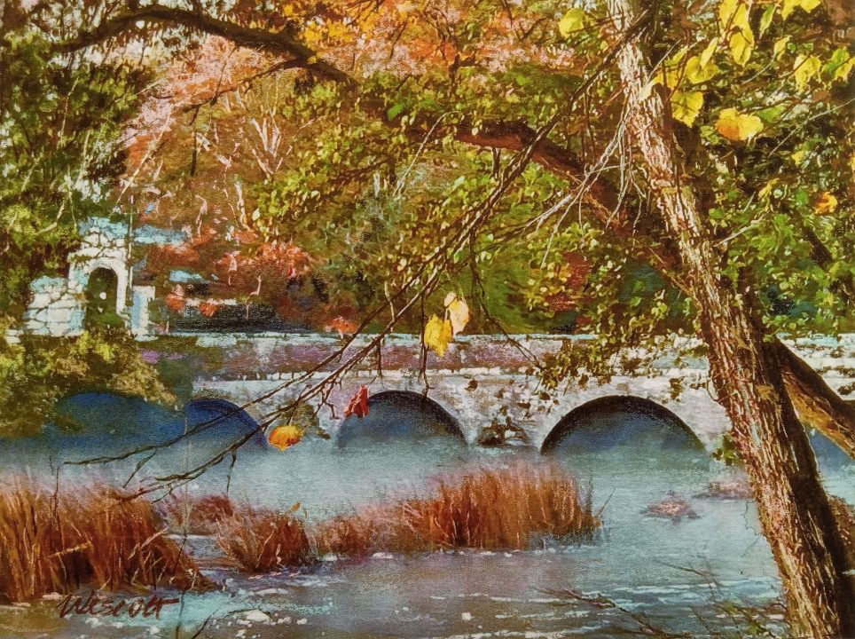 French Stone Bridge by Dave Wescott; 10” x 14”, pastel with watercolor base on 90 lb. paper