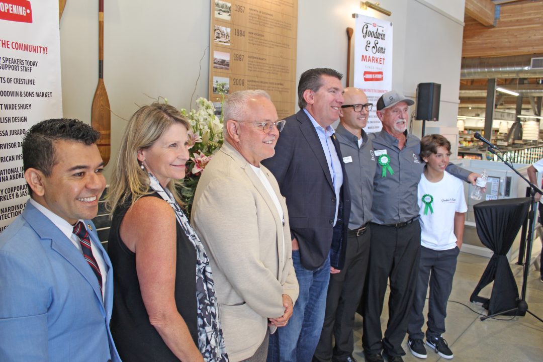 Regional dignitaries were on hand on Friday, Aug. 23, to help celebrate Goodwin’s Market grand reopening. From left, Armando Martinez, representing state Sen. Rosilicie Ochoa Bogh; 3rd District County Supervisor Dawn Rowe; Assemblyman Tom Lackey; Congressman Jay Obernolte; Goodwin’s Vice President Mike Johnstone; Goodwin’s President David Goodwin; and Mike Johnstone’s son, Mason.