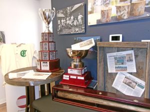 The Highlanders’ trophies on display at the Crestline Chamber of Commerce office.