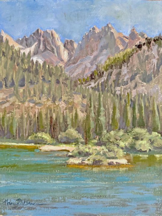 The Crags at Upper Twin Lake by Nancy Grace, Eastern Sierra (2024); 12” x 9”, oil on Masonite board