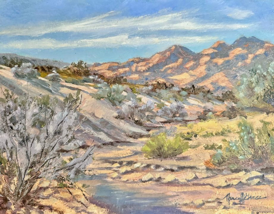 After the Rain by Nancy Grace, arroyo in the Coachella Valley Desert (2024); 9” x 12”, oil on Masonite board