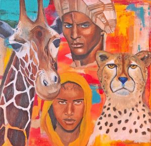 A painting that’s nearly finished but as yet untitled showcases an African theme (24” x 24”, oil on acrylic on canvas).