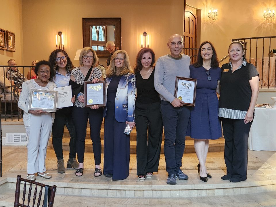 Corrine Mora (second from left) and Anna Zarley (far right) presented certificates to the Soroptimists and the Shirvanians. Also pictured: Jo Bonita Rains, Deborah Fancett, Robin Bull, Cecilia Ponce de Leon (president of the chamber board), Ben Shirvanian and Arsine Shirvanian.
