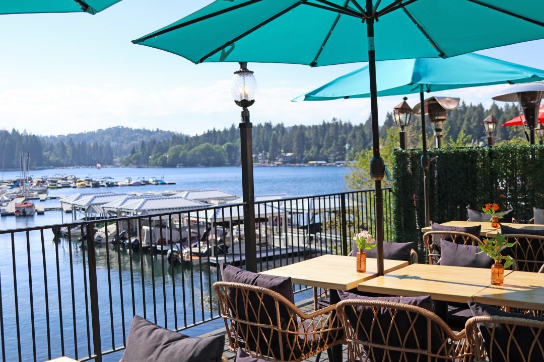 The patio affords guests a stunning view of Lake Arrowhead.