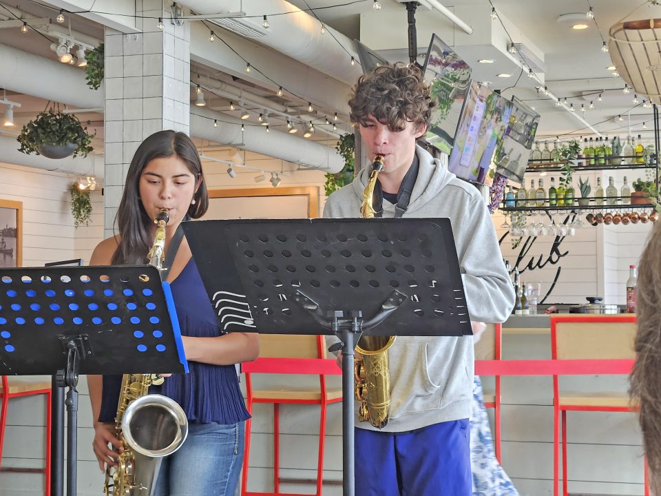 Evangeline De Leon and Brenden Watson shared their talent on the saxophone with members of the Women’s Club of Lake Arrowhead.