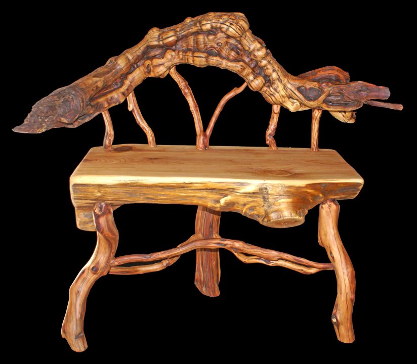 Graeme used rough chunks of manzanita branches for this chair’s strikingly organic backrest and sturdy legs. He crafted the seat from cedar wood. (Art photos by Lisa Cook)