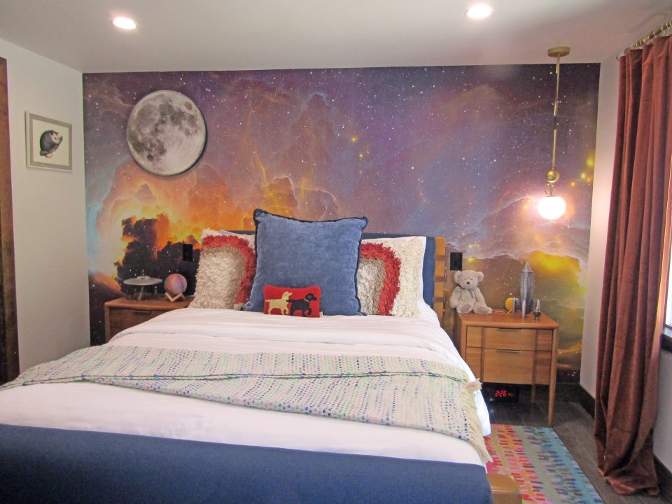An outer space-themed bedroom in the Kaleidoscope Home