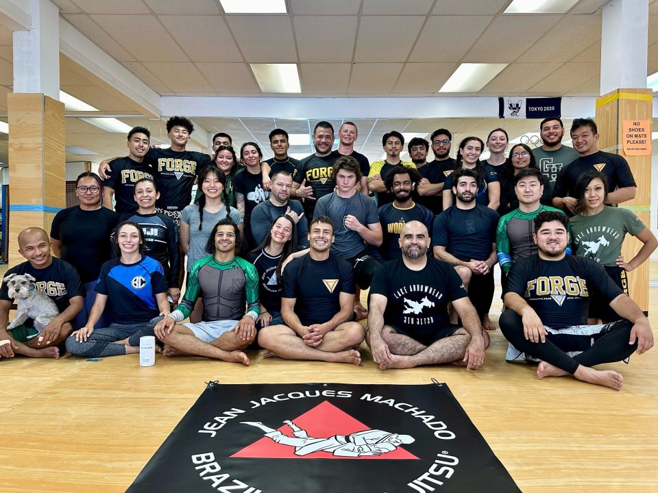 Students of Lake Arrowhead Jiu Jitsu pose after class along with visitors from Forge Brazilian Jiu Jitsu Academy. (Contributed photo)