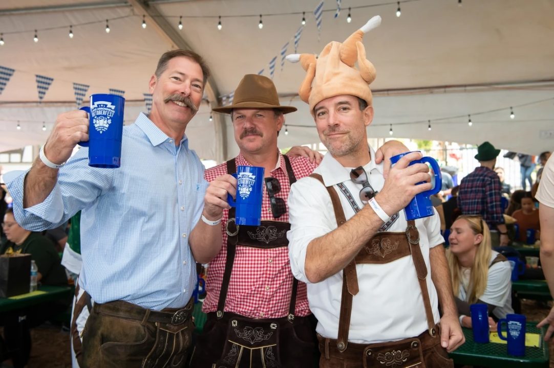 Lederhosen and chicken headgear are encouraged at Oktoberfest.
