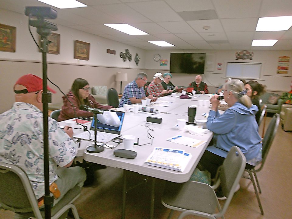 People engaged in a meeting around a table.