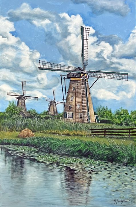 Clouds Over Kinderdijk (36” x 24” acrylic on canvas) portrays windmills in a celebrated Dutch village that were built around 1740. It’s one of the artist’s two or three favorite paintings.