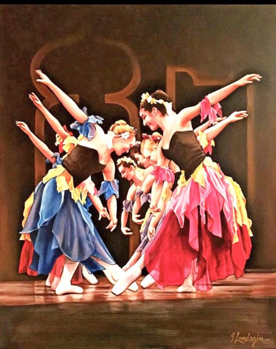Waltz of the Flowers (30” x 24” acrylic on canvas) depicts a scene from The Nutcracker production staged annually by the Lake Arrowhead Classical Ballet Company. It’s also an artist favorite.