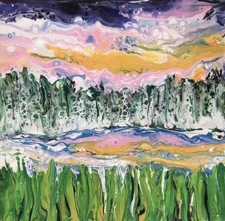 Fluid art landscape by Jo Robinson, 14” x 14” acrylic on canvas