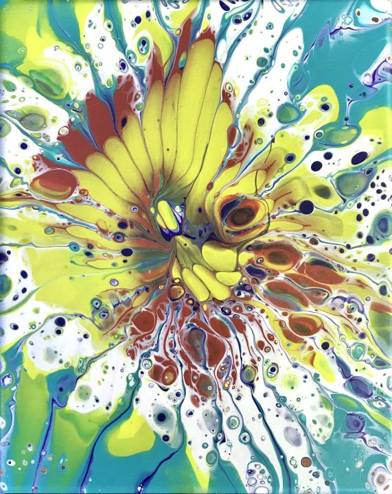 Fluid art abstract by Jo Robinson, 10” x 8” acrylic on canvas