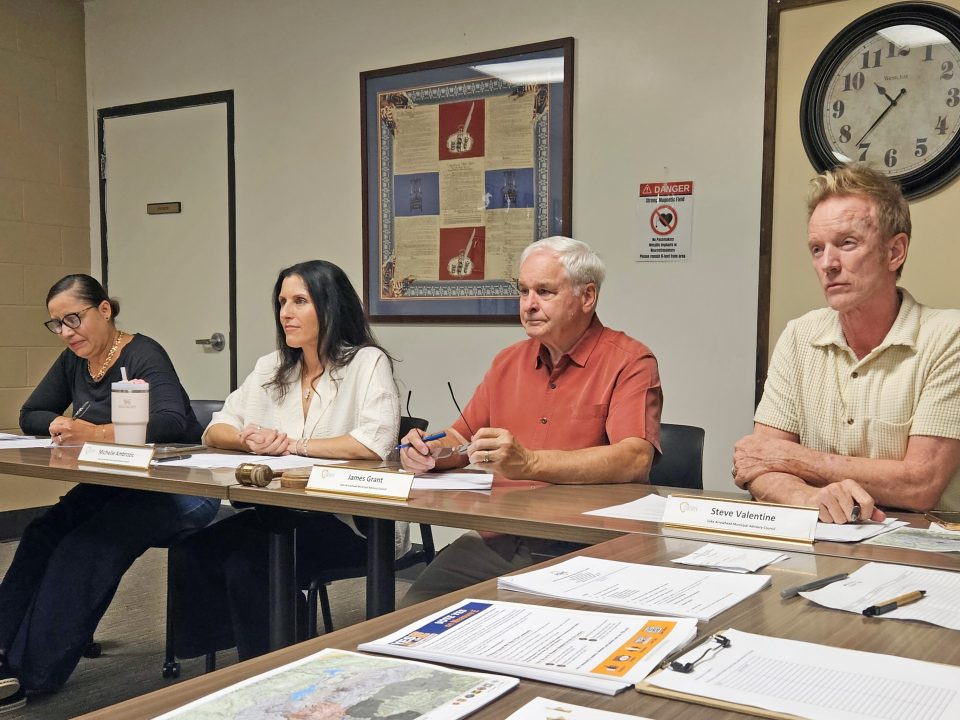 Lake Arrowhead MAC members Jenny Hueter, Michelle Ambrozic, James Grant and Steve Valentine listened as first responders updated them on the Line Fire.
