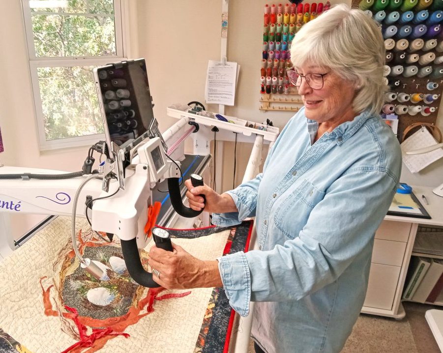 Adrianne, Lisa, Julia, Melissa and Adrianna from Glendora and Orange County enjoyed last year’s Brewfest at Tavern Bay Beach Club so much they couldn’t resist attending this year’s event. (Photos by Douglas W. Motley) Woman quilting with sewing machine in craft room.