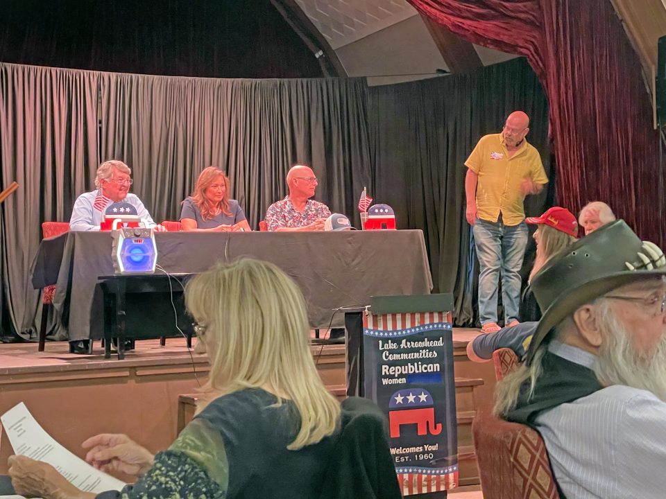 Candidates Bill Mellinger, Rosilicie Ochoa Bogh and James White fielded questions at a forum hosted by the Lake Arrowhead Communities Republican Women.