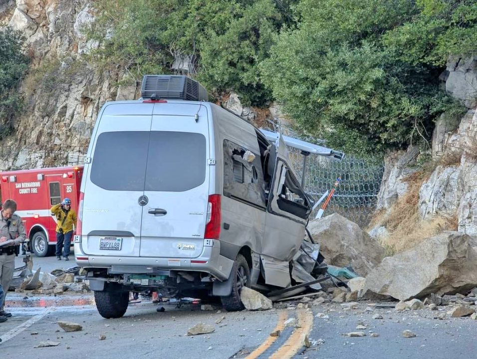 This Mercedes Benz van was destroyed when boulders fell on it on Oct. 18. (Photos: San Bernardino County Fire)