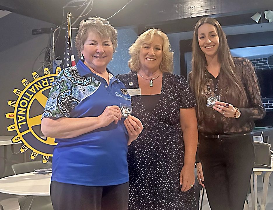 Adrianne, Lisa, Julia, Melissa and Adrianna from Glendora and Orange County enjoyed last year’s Brewfest at Tavern Bay Beach Club so much they couldn’t resist attending this year’s event. (Photos by Douglas W. Motley) Three women holding awards at Rotary Club event