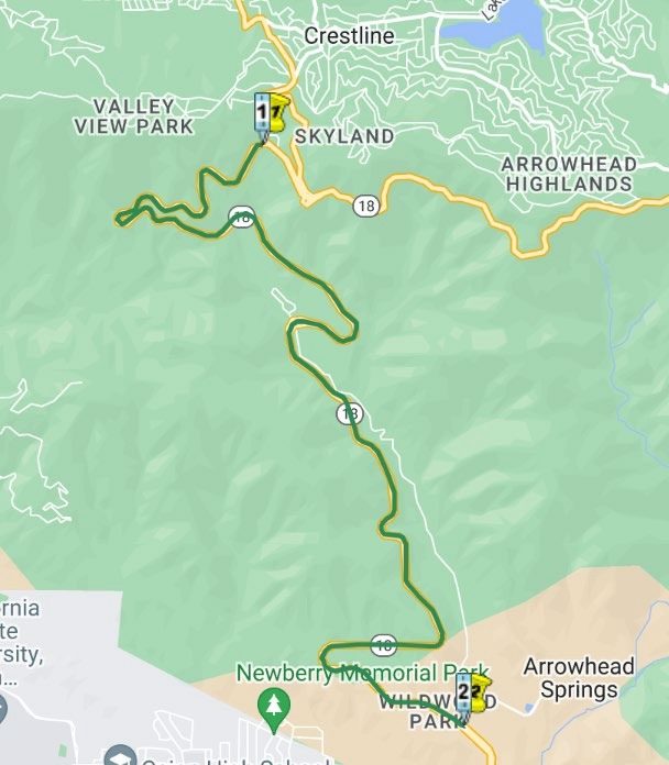 Map showing route through Skyland and Crestline areas.