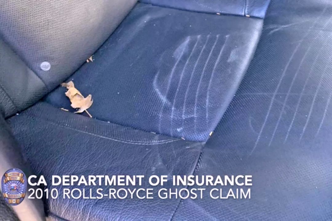 Damage to the interior of a 2010 Rolls Royce Ghost, allegedly caused by a person wearing a bear costume.