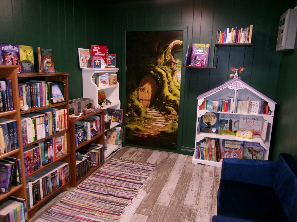 The children’s room at Paper & Clay is quite exciting for children, with a wide selection of books.