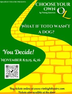 Poster for interactive play 'Choose Your Own Oz' dates and ticket info.