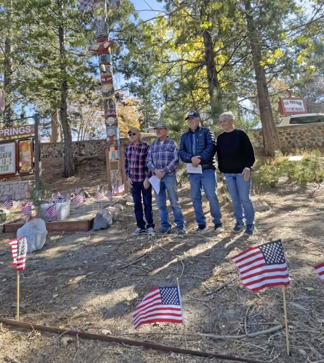 Group of men with American flags in forest.