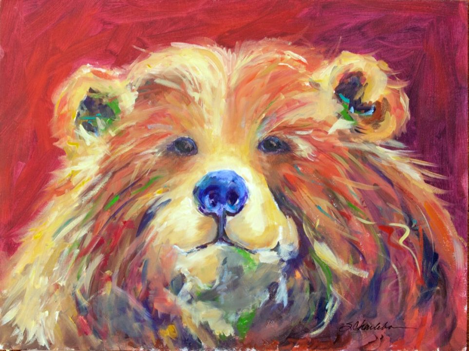 The artist’s most well-known bear portrait – her signature work – is Holiday Wonder (12” x 16” oil on canvas).