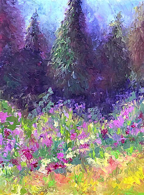 Wildflowers and Pines is among the artist’s finest plein air paintings (12” x 9” oil on canvas).