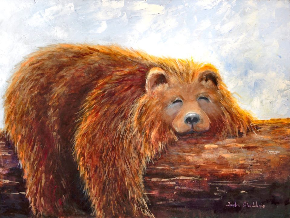 Another ursine image, depicting its subject in comfortable repose, is titled Zzzz Bear (18” x 24” oil on canvas).