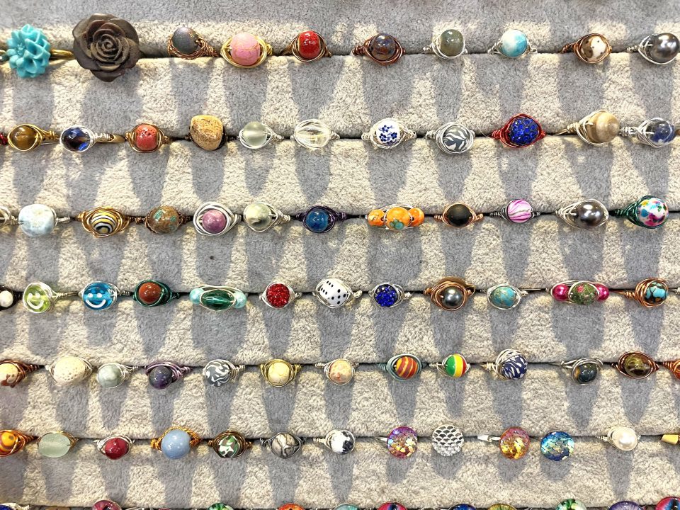 Terry’s wire-wrapped rings come in myriad designs and colors.